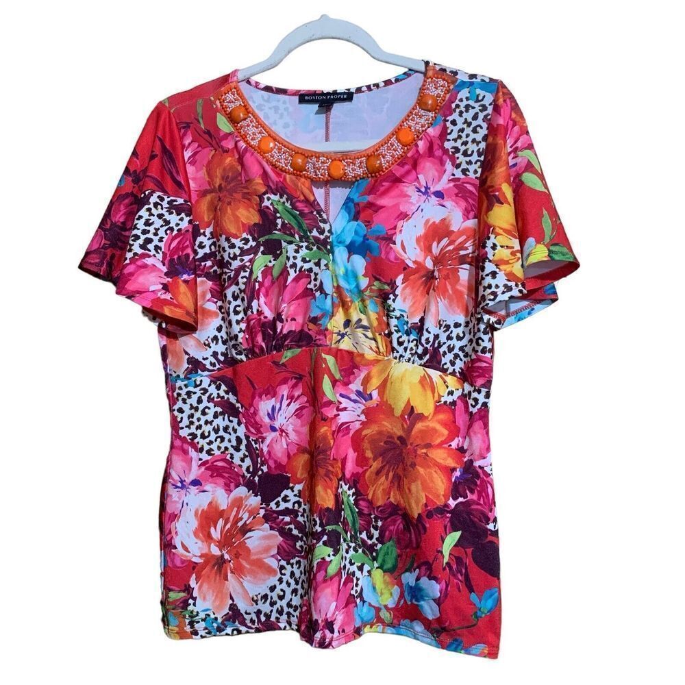 Boston Proper Top Womens Medium Multicolor Tropical Floral Embellished Blouse